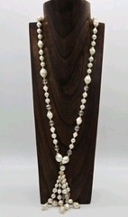 Faux Pearl Tassel Necklace asymmetrical Beaded Waterfall Gold tone Vintage 29 in