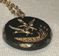 Vintage German Intaglio Glass Duck Pendant Necklace Gold Scene 24” MCM 1950s