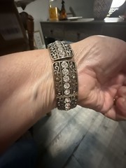 Vintage Silver Tone Filigree Panel Bracelet with Clear Rhinestones