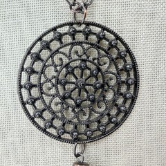 Vintage Gunmetal Gray Filigree Medallion Tassel Pendant Necklace