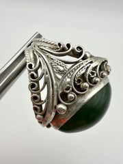 Vintage Soviet filigree ring made of nickel silver with Jade.Size-8.