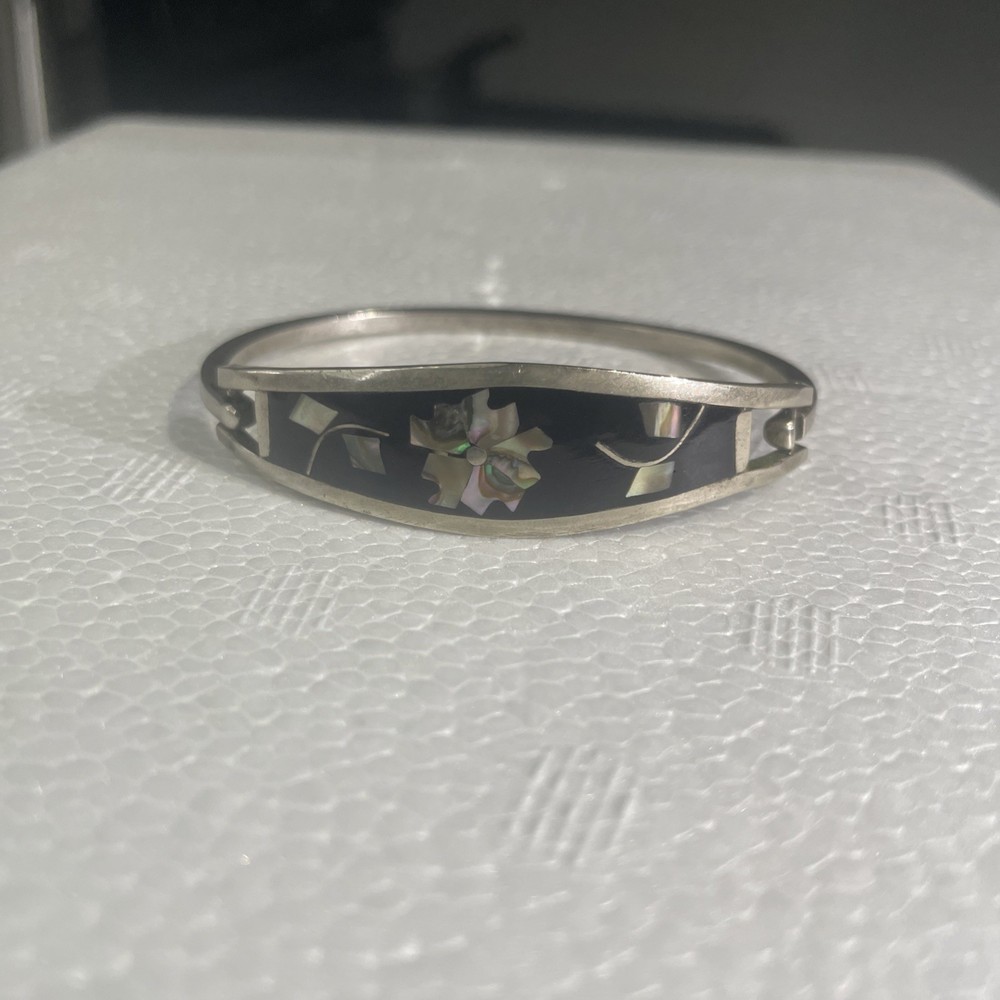 Vintage Taxco Mexico Silvertone Abalone Shell Flower Black Hinge Bangle Bracelet