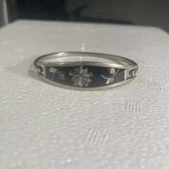 Vintage Taxco Mexico Silvertone Abalone Shell Flower Black Hinge Bangle Bracelet