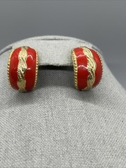 Vintage Red Enamel Gold Tone Post Earrings Statement Wavy Twist Design Bold 80s