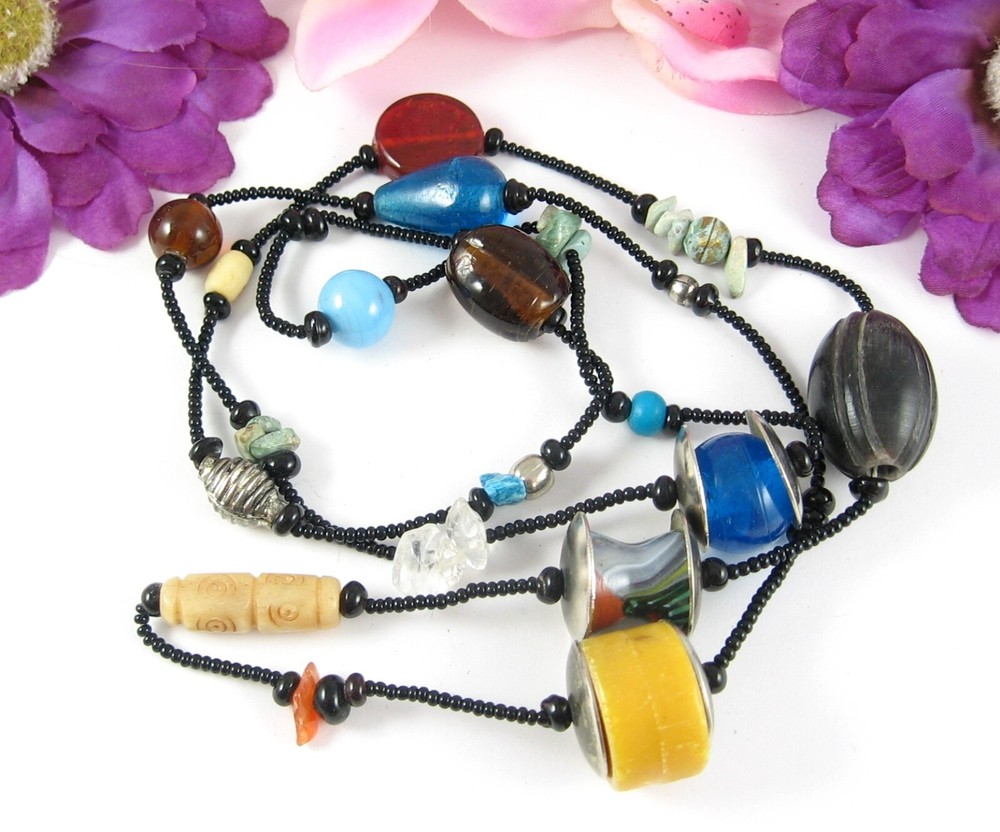 GLASS & STONE BEADED Vintage Necklace Metal Plastic Beads Back Seedbeads 38″