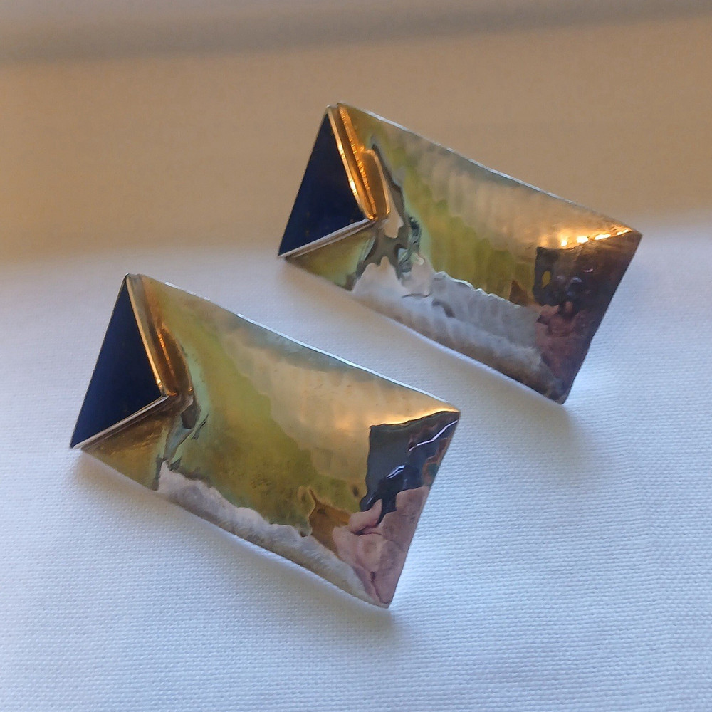 Vintage Sterling Silver Lapis Earrings. Modernist Geometric Stud 1.5 inch