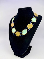 Vintage Artisan Brass Blue Green OOAK Collar Necklace Brutalist 16” DbG A