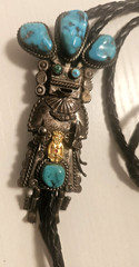 Navajo 4″Sterling&Turquoise Kachina BoloTie w/Golden Billiken Signed Sam WGraves