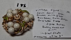 VTG Signed Selro Selini ? Brooch white no hole beads Green Enamel Some age #186