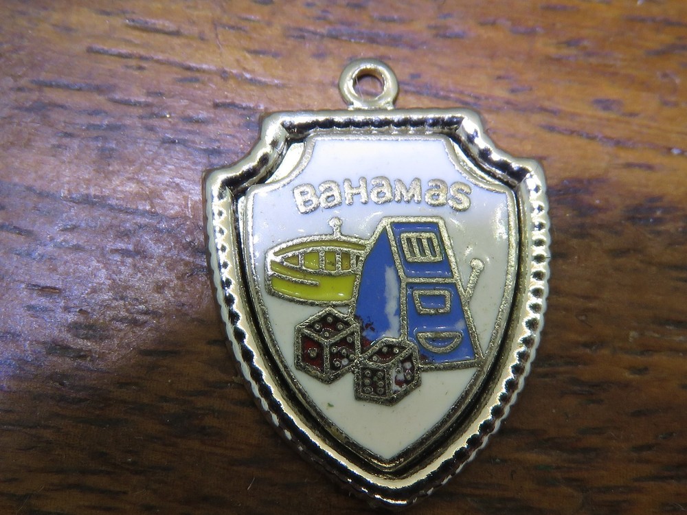 Vintage silver BAHAMAS CARIBBEAN GAMBLING ENAMEL TRAVEL SHIELD charm 3-40