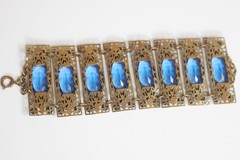 1920s/30s Czech Faceted Oval Blue Glass Enamel Openwork Panel Bracelet ~6 3/4″ L