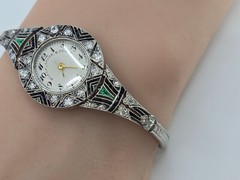Important Deco Black, Starr & Frost Platinum Diamond Emerald Bracelet Wristwatch