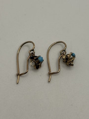 Antique 14k Yellow Gold & Turquoise Blue Buttercup Kidney Wire French Earrings
