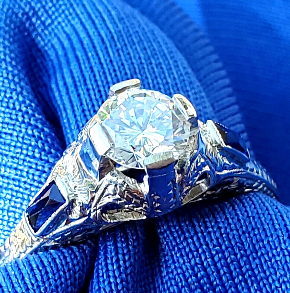 Original EARTH MINED DIAMOND Deco Engagement Ring Vintage Sapphire Solitaire 14K
