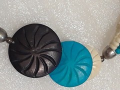 Vintage, Blue, off-white, black, handcrafted chunky beaded necklace.