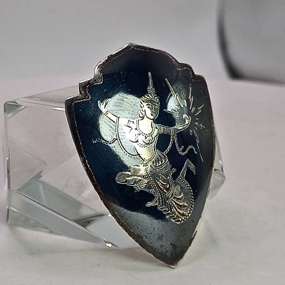 Rare Vintage Niello Brooch Pin Siam Sterling Silver Goddess Mekkala Thailand