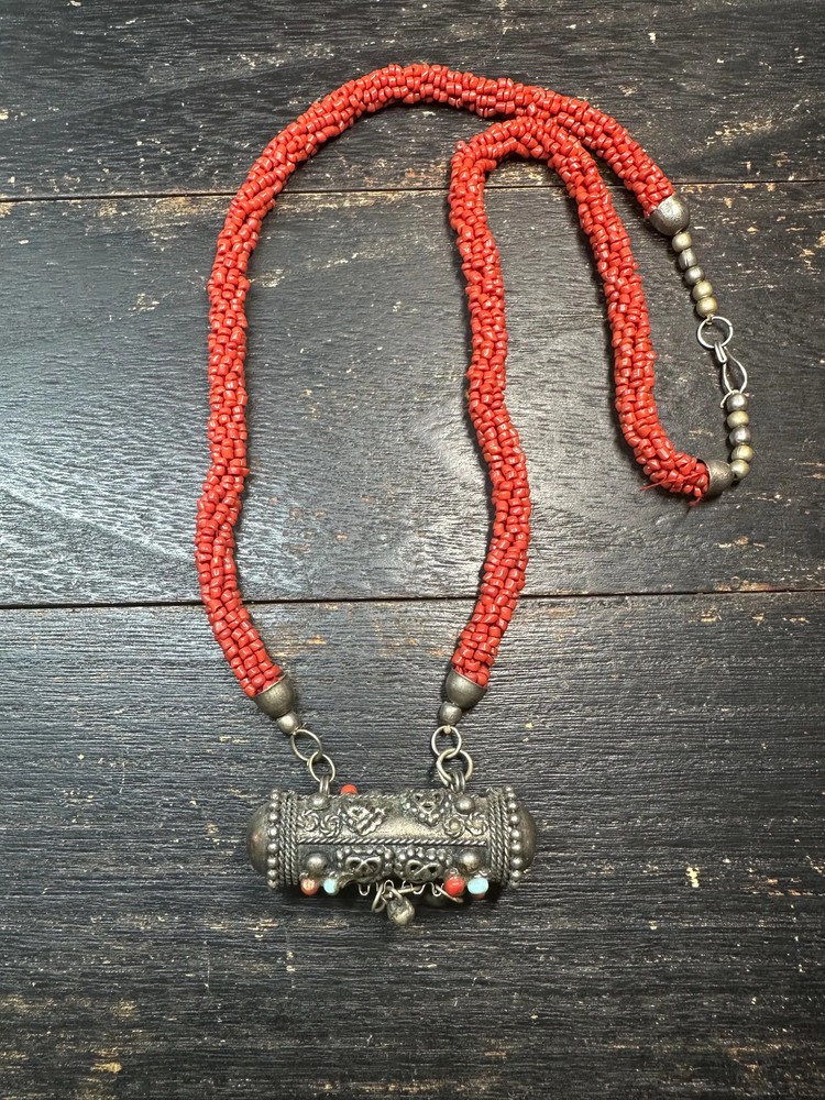 Vintage Nepal Prayer Box Necklace, Himalayan Ghau Amulet Pendant with Red Glass