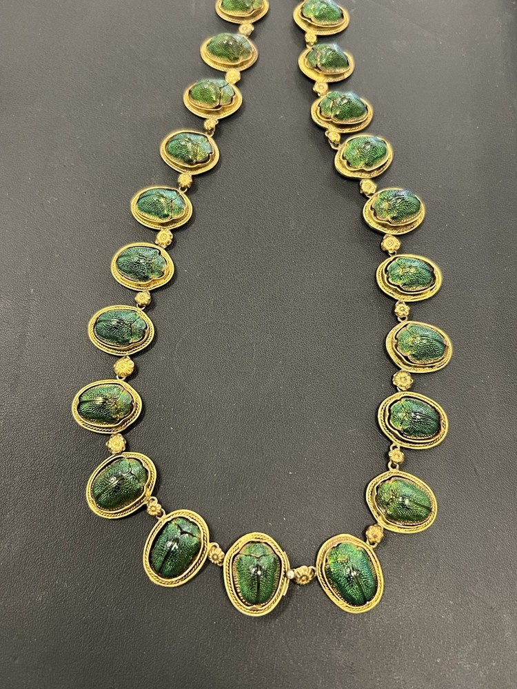 VICTORIAN EGYPTIAN REVIVAL SCARAB BEETLE NECKLACE – GILDED SILVER – 22″ L