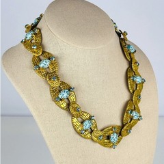Vintage Czech Brass Blue Confetti Soapstone Cabochon Art Deco Revival Necklace