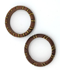 Chunky Wood Bangle Bracelets Brass Inlay Brown Boho Chic Set of 2 Vintage