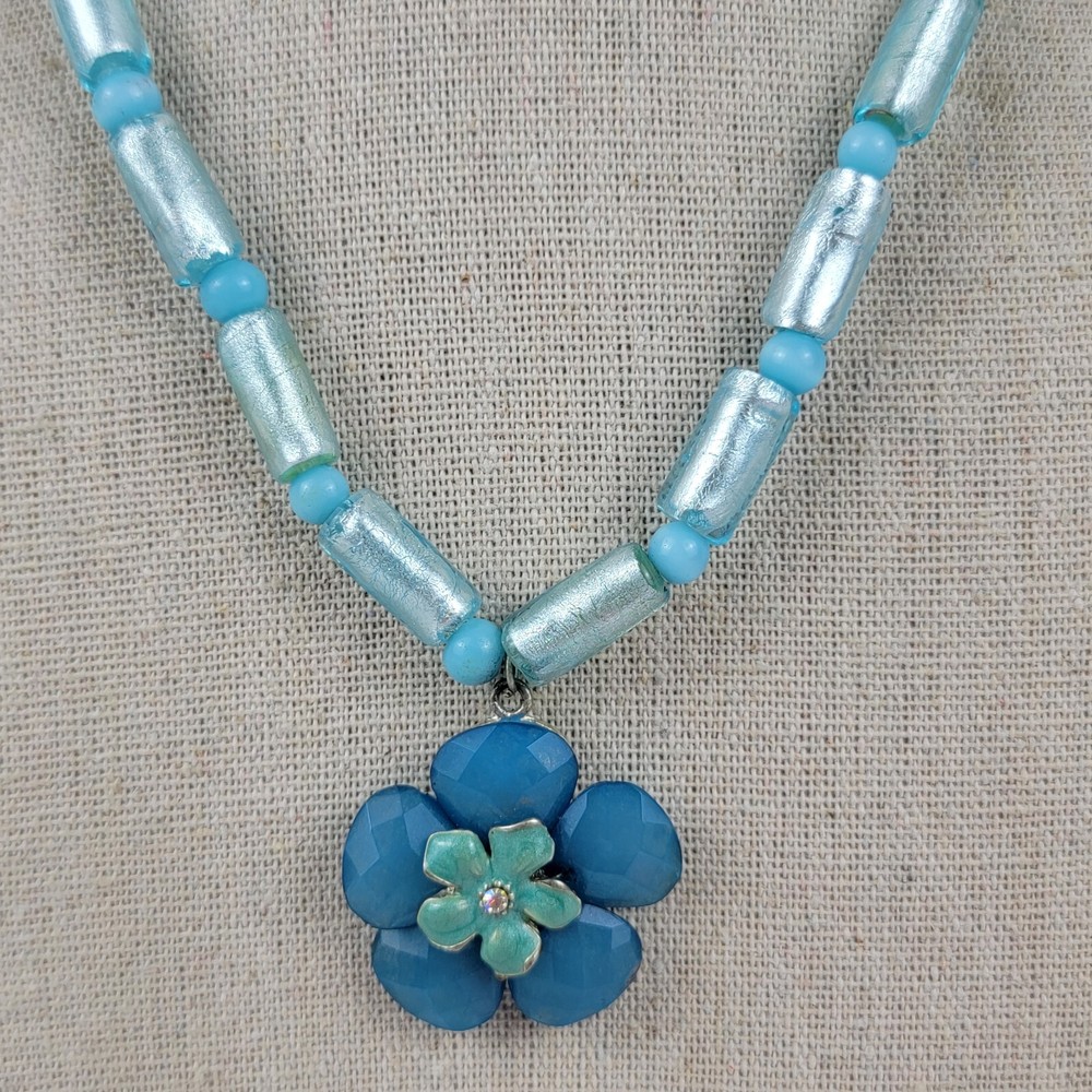Vtg. Enamel And Acrylic Flower Pendant Necklace Blue Frosted Glass Beaded 16.5″