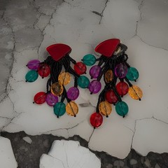 Vintage 80s Colorful Beaded Clip On Earrings Funky Chunky Dangle Statement Retro