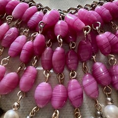 Vintage Pink Art Glass Faux Pearl Fringe Bib Statement Necklace Dramatic Runway