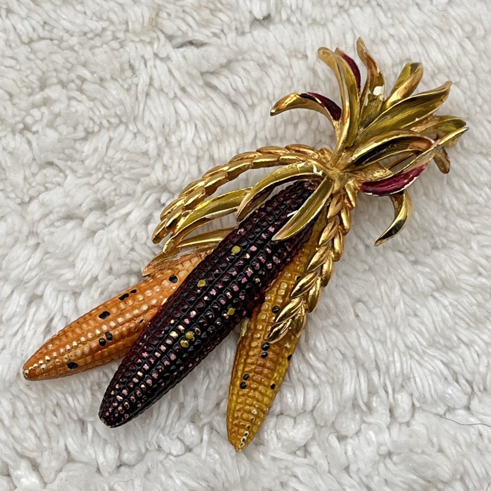 Vintage Weiss Brooch Ears of Corn Enamel Gold Tone RARE 3.5″