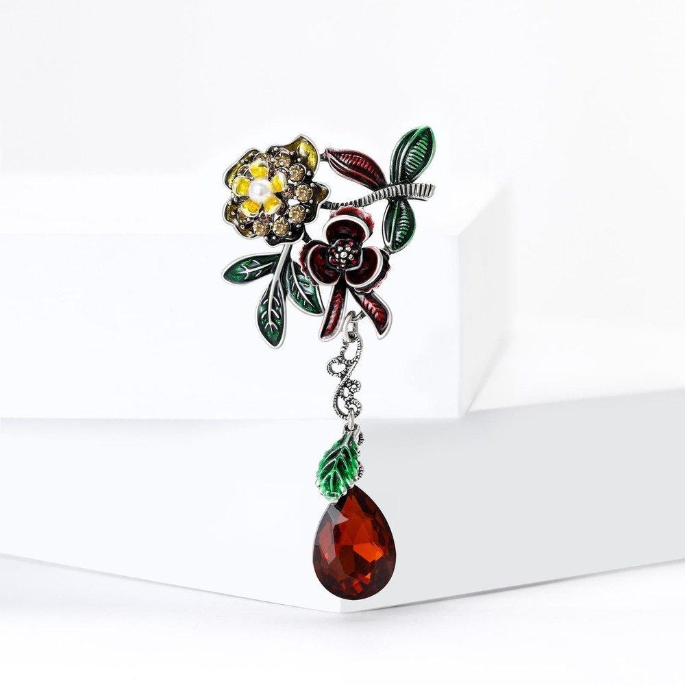 Vintage Enamel Flower Brooch Red Teardrop Dangle Lapel Pin Floral Leaf Jewelry