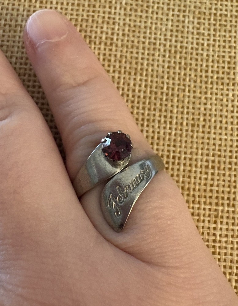 Vintage Silver Tone February Birthstone Ring Engraved Adjustable Amethyst