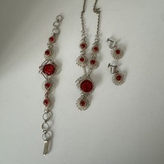 Vintage Antique Silesian Iron Wirework Necklace & Bracelet, Faux Ruby And Silver