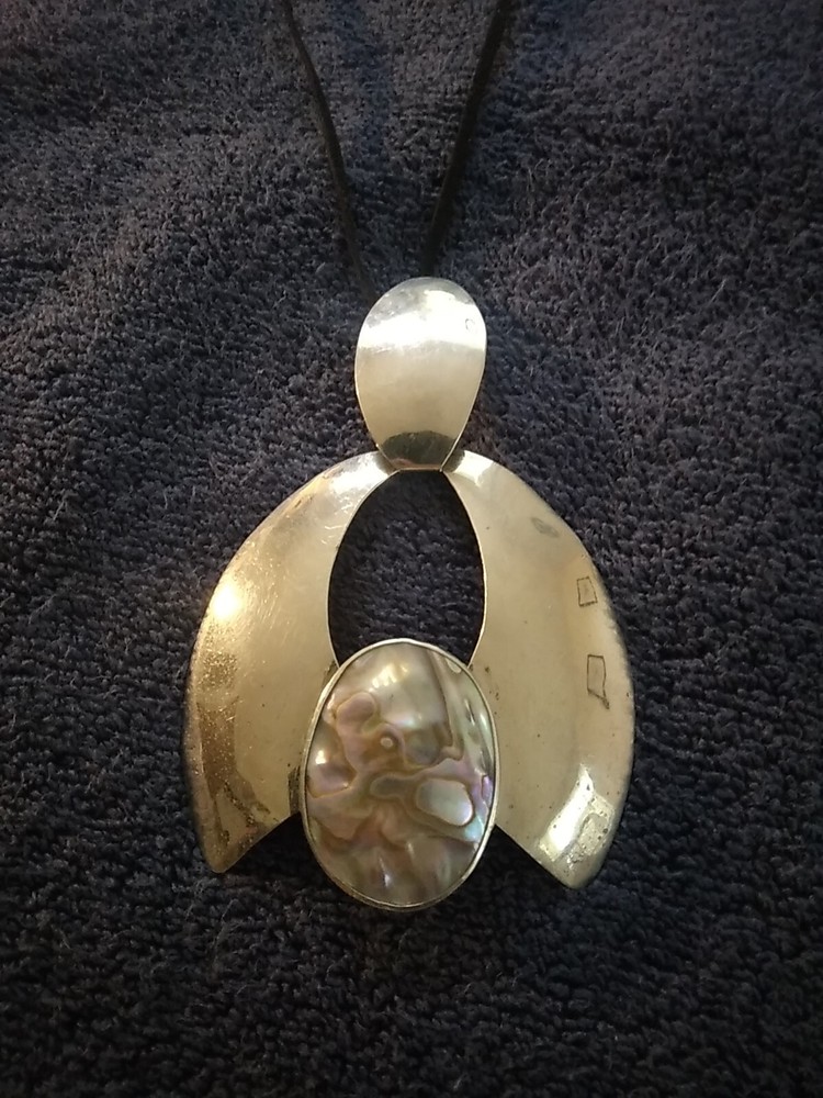 Florelle Pendant Necklace Silver Plated Metal Abalone Signed Vtg Bold Statement