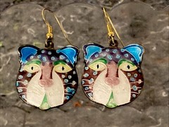 Laurel Burch VTG.70s Cloisonne Leopard Cat Enamel Dangle Drop Hook Earrings 1.5”