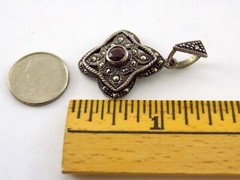 Sterling Silver Garnet Marcasite Four Sided Pendant 925 5.1g 1.25 Inches Long