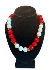 Vintage Red & White Beaded Necklace Gold-Tone Spacers 80s 90s Career Chunky