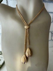 ESTATE VINTAGE GOLD TONE LARIAT CHAIN TEXTURED BEAD TASSEL NECKLACE 14″