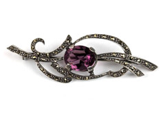 Sterling Silver Antique Edwardian Amethyst & Marcasite Brooch Pin Trombone Clasp