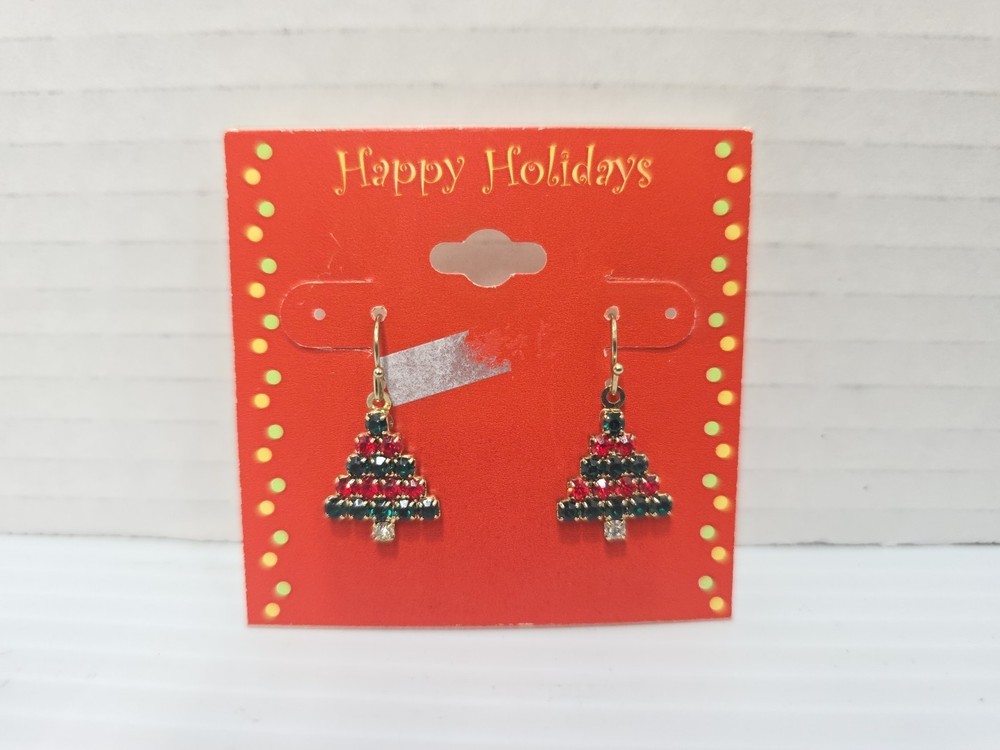 Vintage JC Penny Holiday Motif Christmas Tree Rhinestone Earrings Red And Green