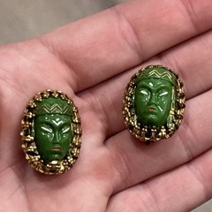 Vintage Green Princess Clip On Earrings Face Mask Gold Tone Germany READ