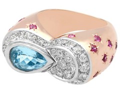 1.36 Ct Aquamarine 0.78 Ct Diamond and 0.50 Ct Ruby 18k Rose Gold Dress Ring