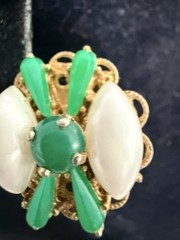 Vintage Rare White And Green Cabochon Clip On Earrings Set In Gold Tone