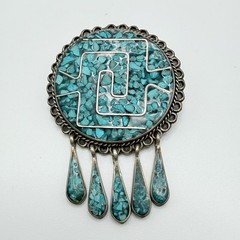 Vintage Southwest Turquoise 5 Teardrop .925 Silver Pendant Brooch Taxco Mexico