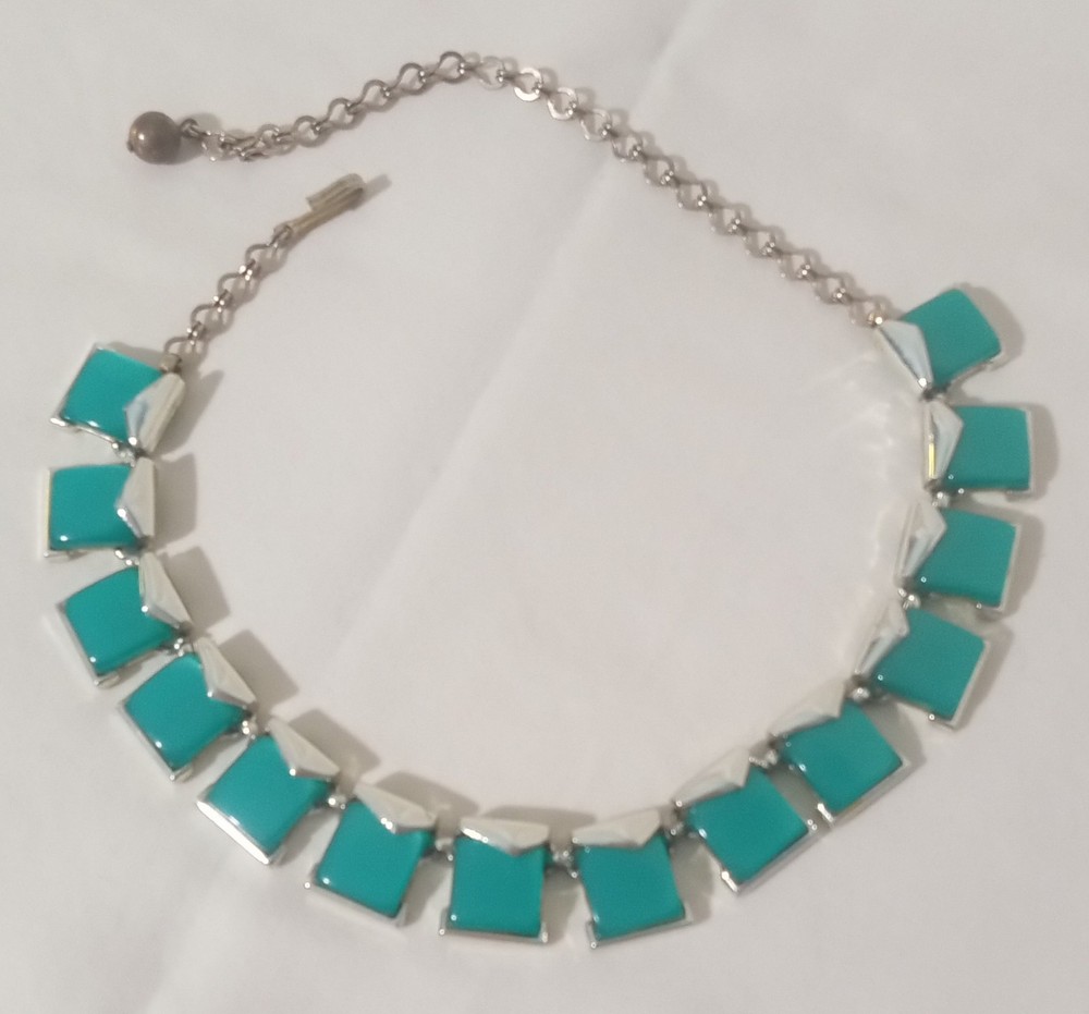 Vintage 50s Or 60s Charel Thermoset Moonglow Necklace Square Link Teal/Turquoise