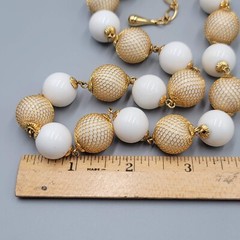Vintage Bead Necklace White Bead Gold tone Wire Caged Beads 22″-24″