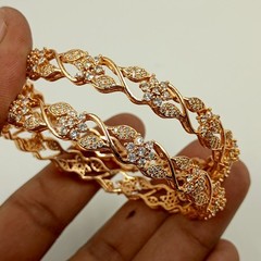 Cubic Zirconia 22k Rose Gold Plated Bangle, CZ American Diamond Bracelet 2 Pcs K