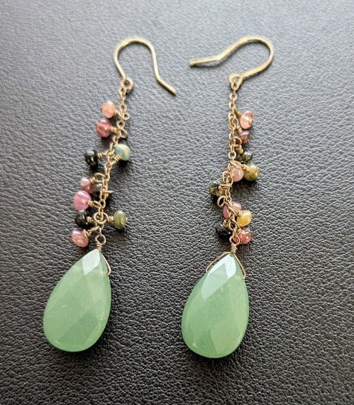 Art Deco Style Dangle Earrings Green Glass Beads Teardrop Boho Drop Statement