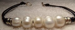 VTG STERLING SILVER 5 LARGE FRESHWATER PEARL BEAD BLACK CORD BRACELET 7.5″ MINT
