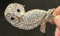 VTG OPC SIGNED AURORA BOREALIS RHINESTONE OWL BIRD BROOCH PIN PENDANT