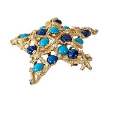 MANDLE Blue Floss Glass, Turquoise Glass Stone Cab Star Brooch Signed, L195