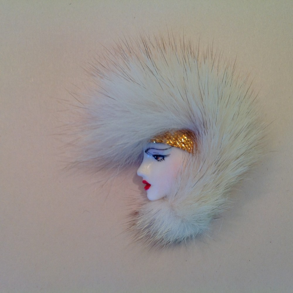 Vintage 1980’s Art Deco Style Lady Profile Brooch Fur Mohawk White Face Eyeliner